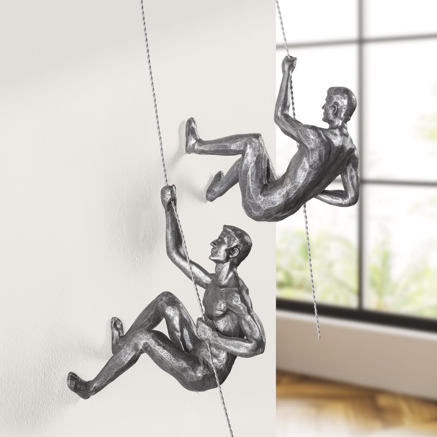 Cliff Resin Men 2 Piece Wall Climbing Sculpture Set - Antique Silver