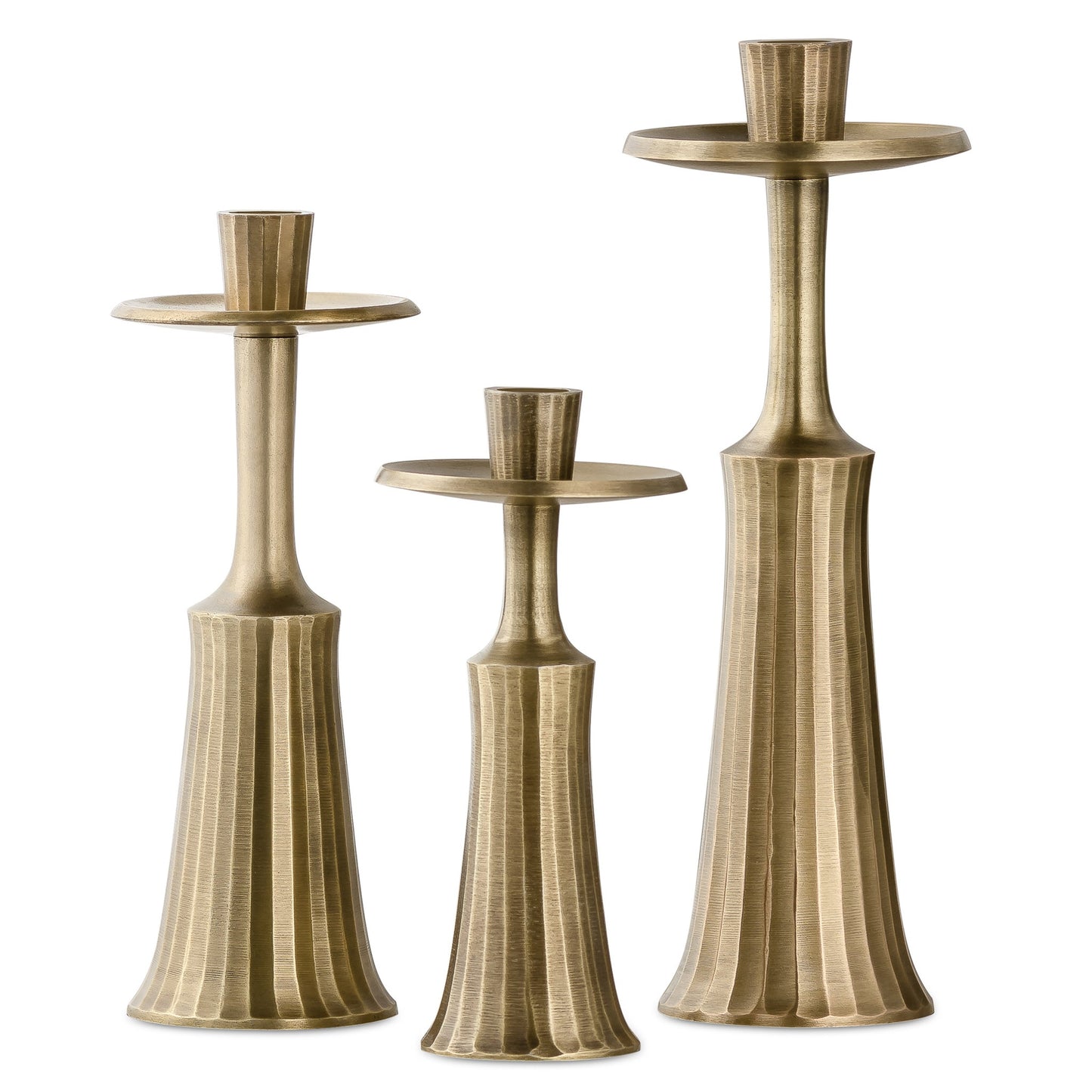 Tomar Antique Brass 3 Piece Ribbed Taper Candle Holder Set