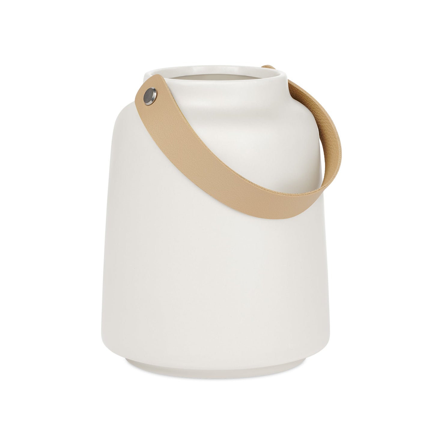 Lido Ceramic Tapered Vase with Faux Leather Handle - 6 Inch Tall - Matte White