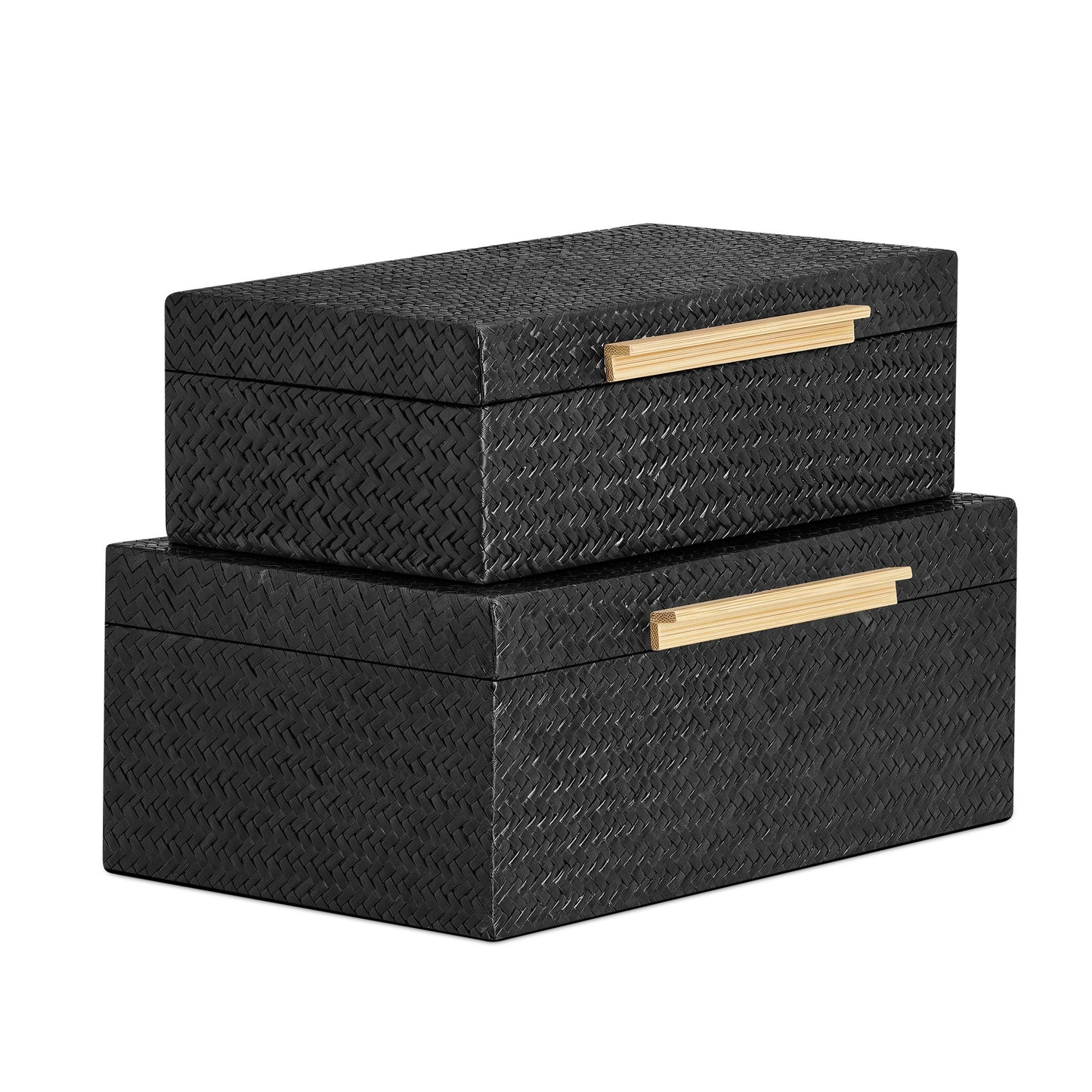 Pandan Black Herringbone Two Piece Bamboo Handle Rectangle Storage Box Set