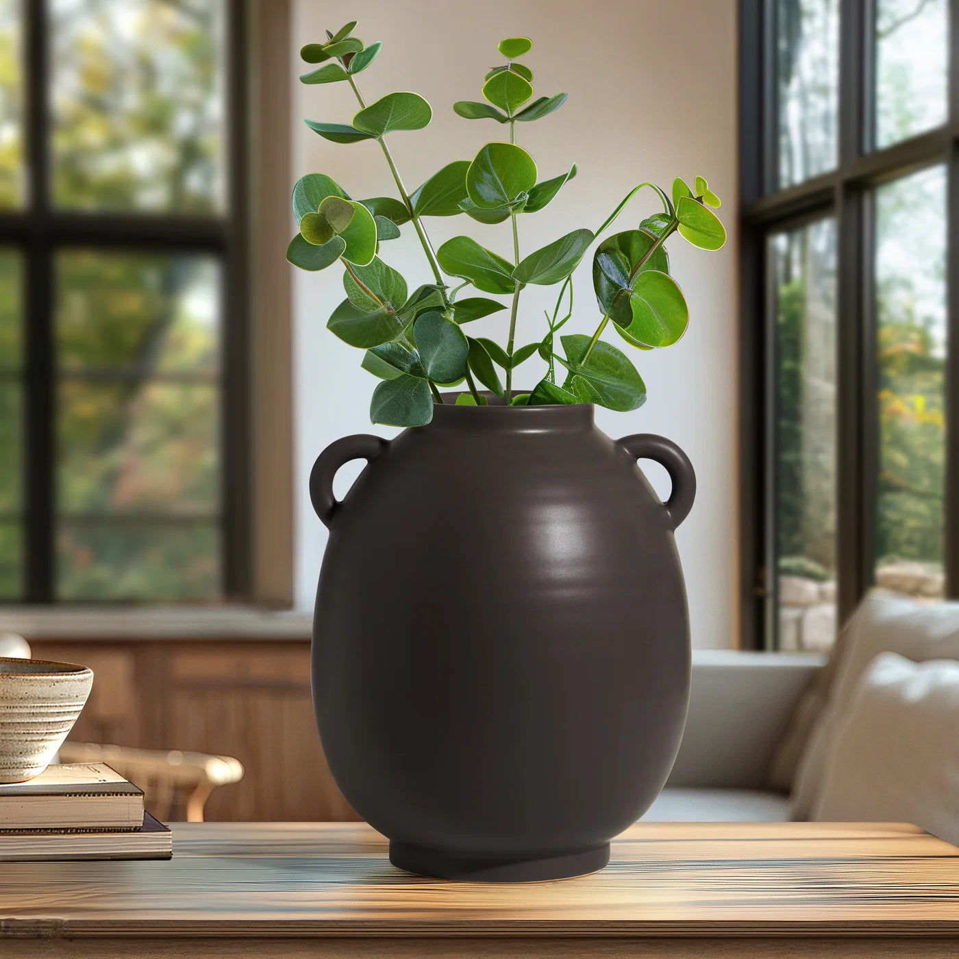 Capri Double Handle 9 Inch Tall Ceramic Oval Urn Vase - Matte Brown