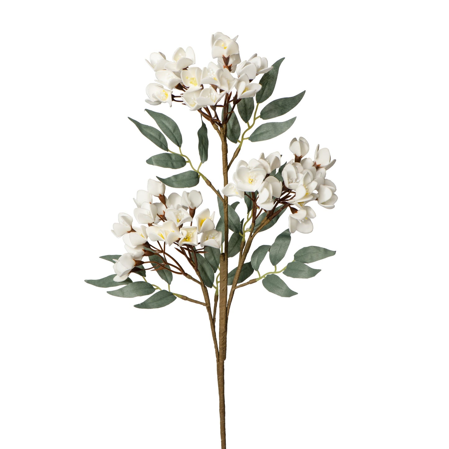 Desert 3 Cluster 30 Inch Length Cherry Blossom Stem with Leaves - White