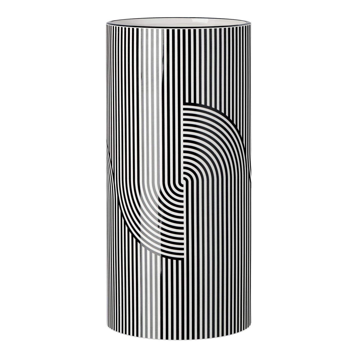 Monochrome Linear Curve Ceramic 12 Inch Tall Cylinder Vase