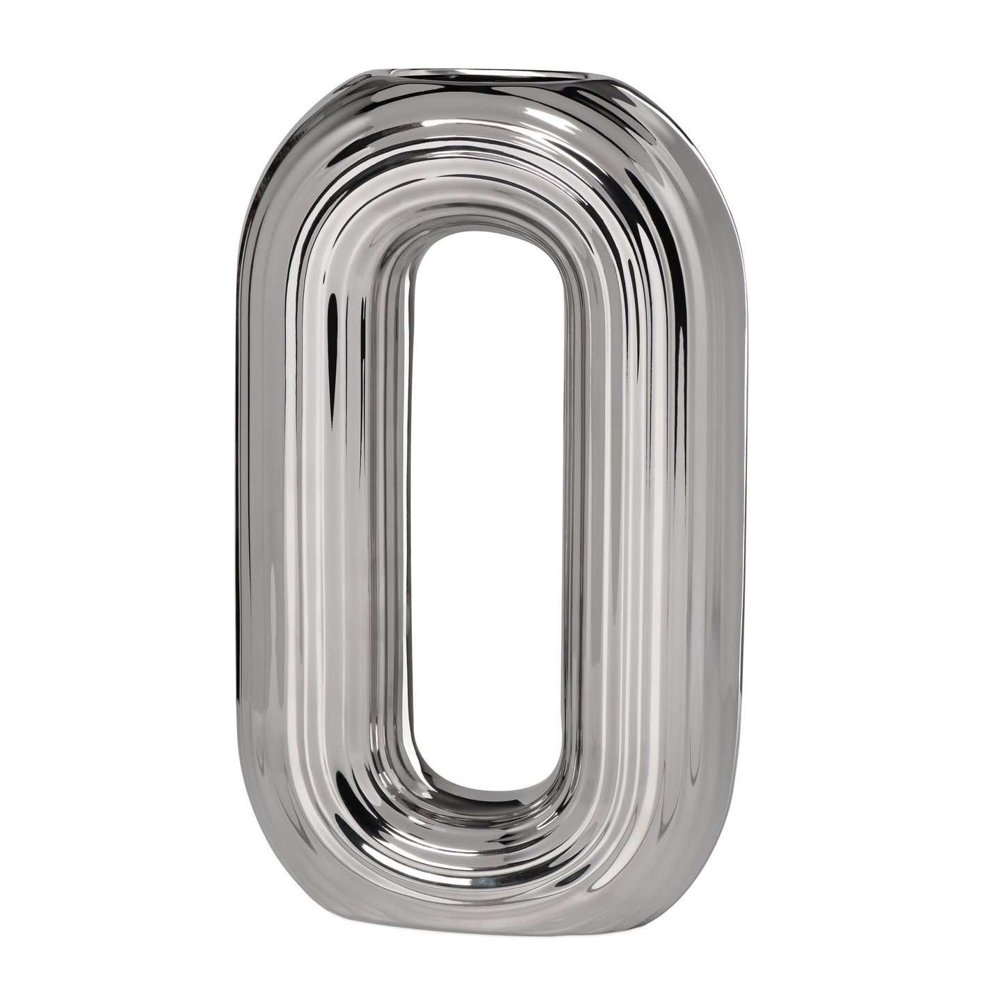 Circa Ceramic Shiny Silver 13 Inch Tall Oval Ring Vase