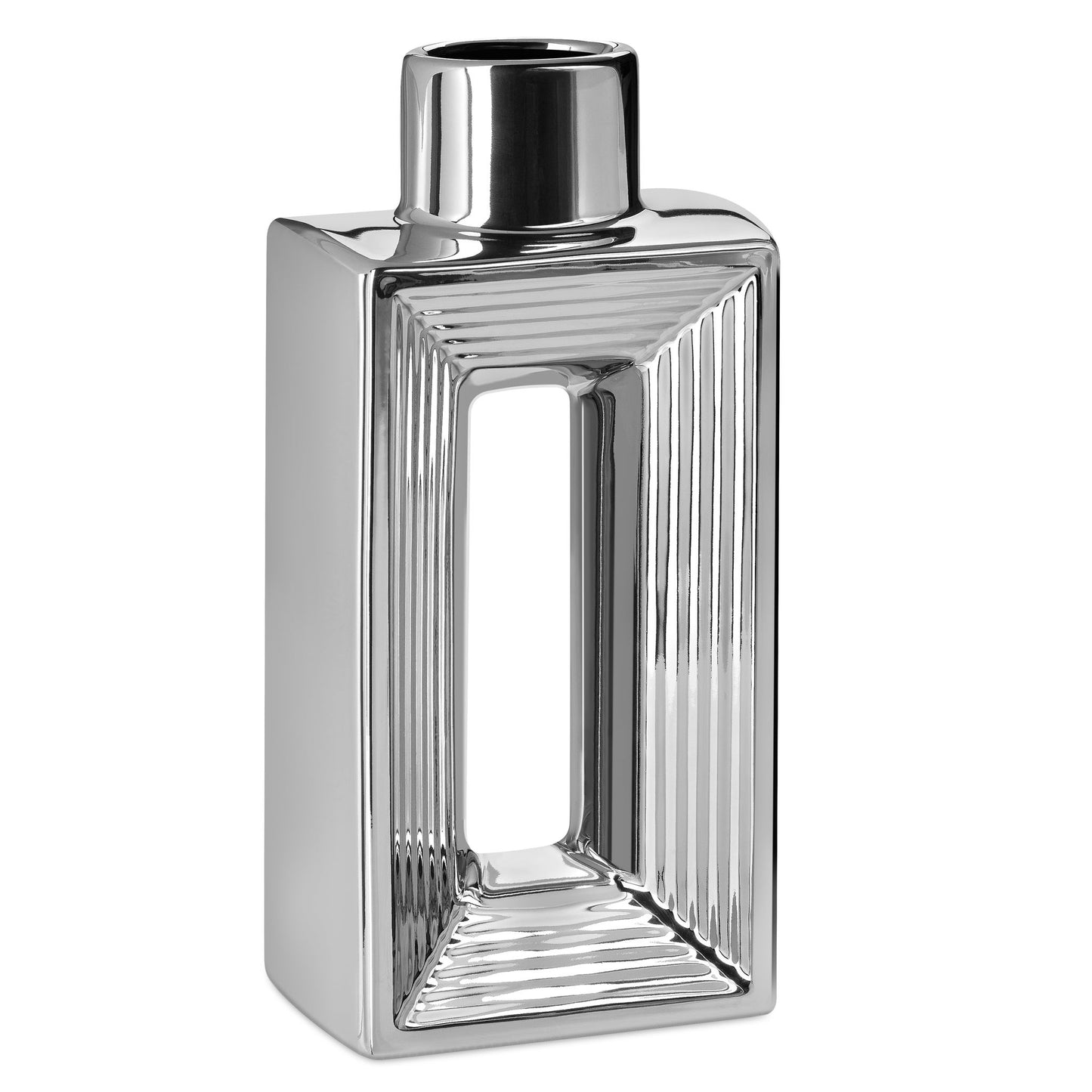 Rialto Shiny 10 Inch Tall Slim Ceramic Bottle Vase - Silver