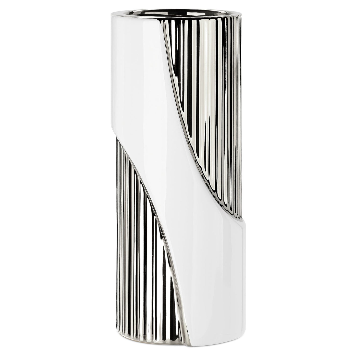 Electra Twist Cylinder Two Tone 10 Inch Tall Ceramic Vase - White/Silver