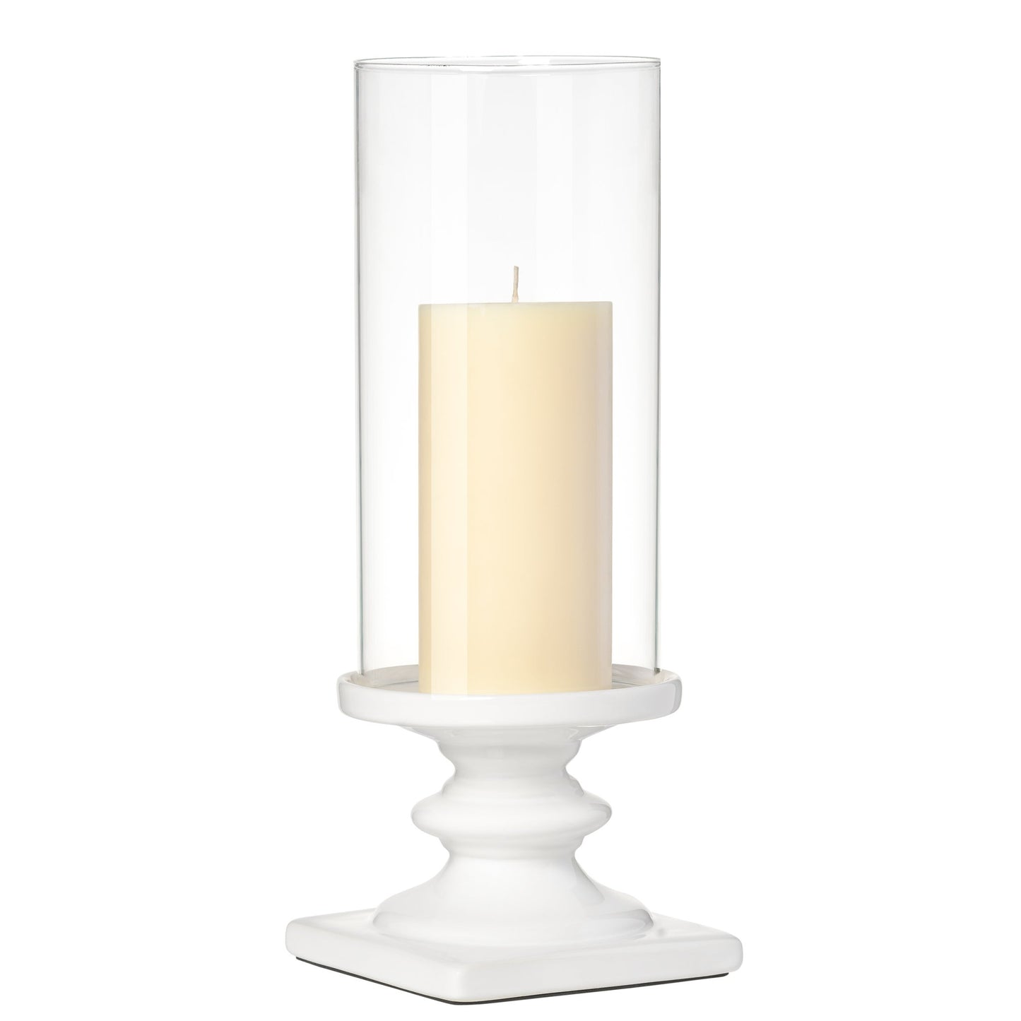 Fino Ceramic Pedestal 14 Inch Tall Glass Hurricane Candle Holder - White