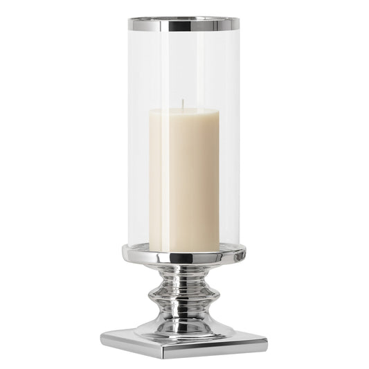 Fino Ceramic Pedestal 14 Inch Tall Glass Hurricane Candle Holder - Silver