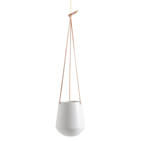 Ashbury Leather Hanging 5.75 Inch Diameter White Ceramic Drop Pot Planter