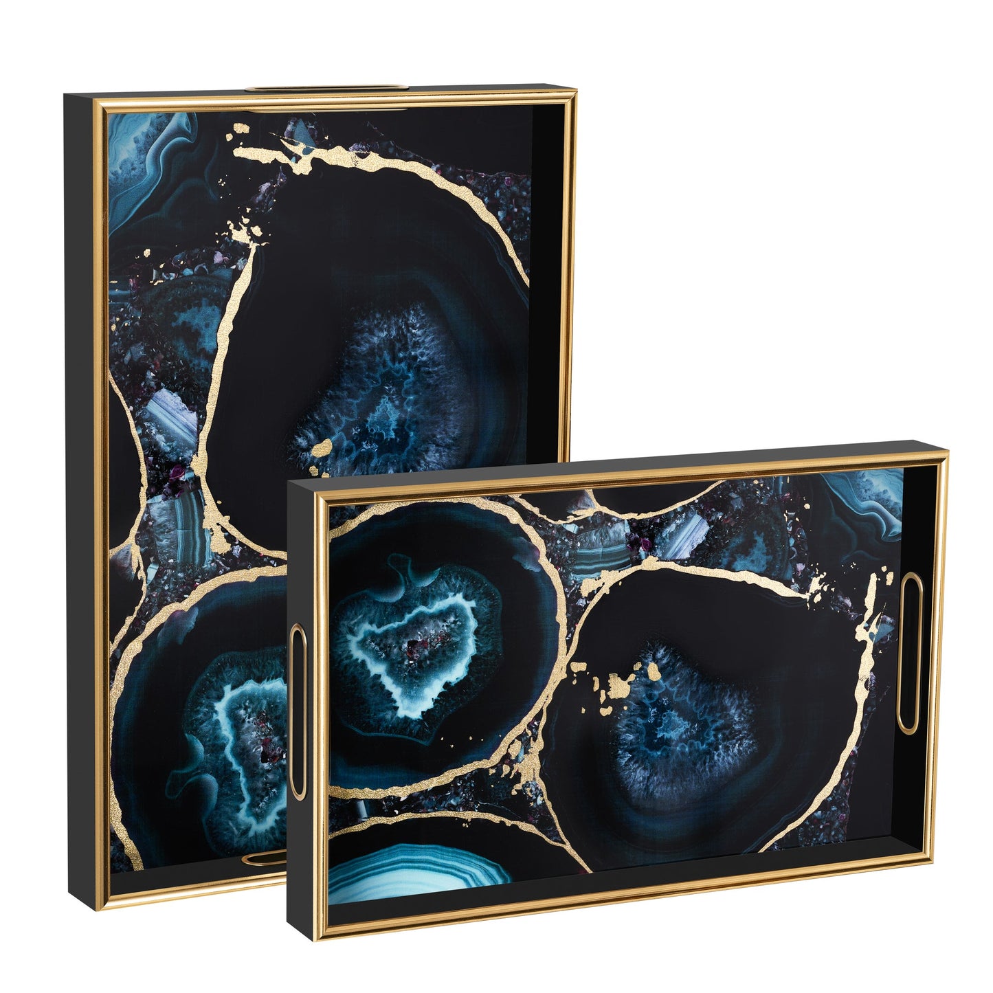 Savoy Gold Trim 2 Piece Rectangle Tray Set - Agate