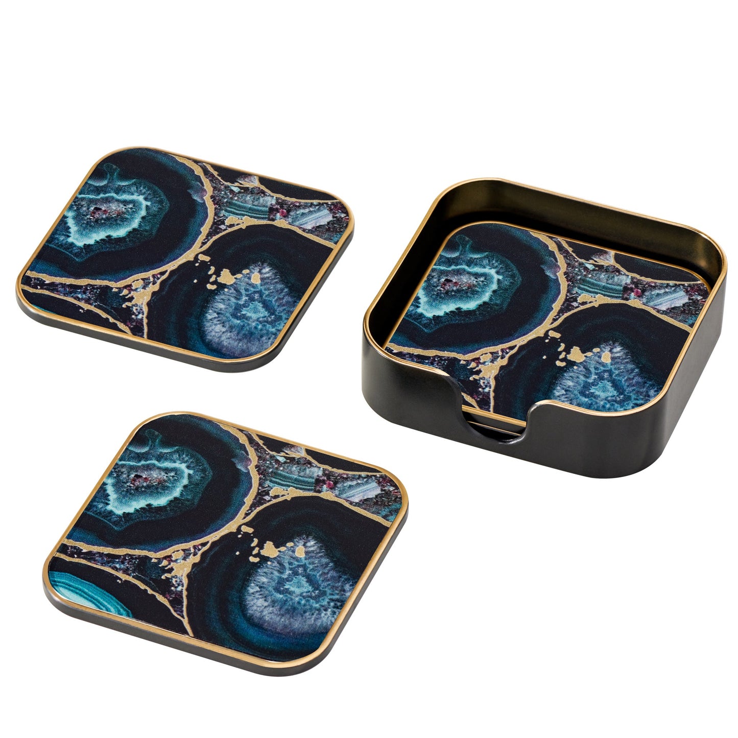 Savoy Gold Trim 4 Piece Square Coaster Set - Agate