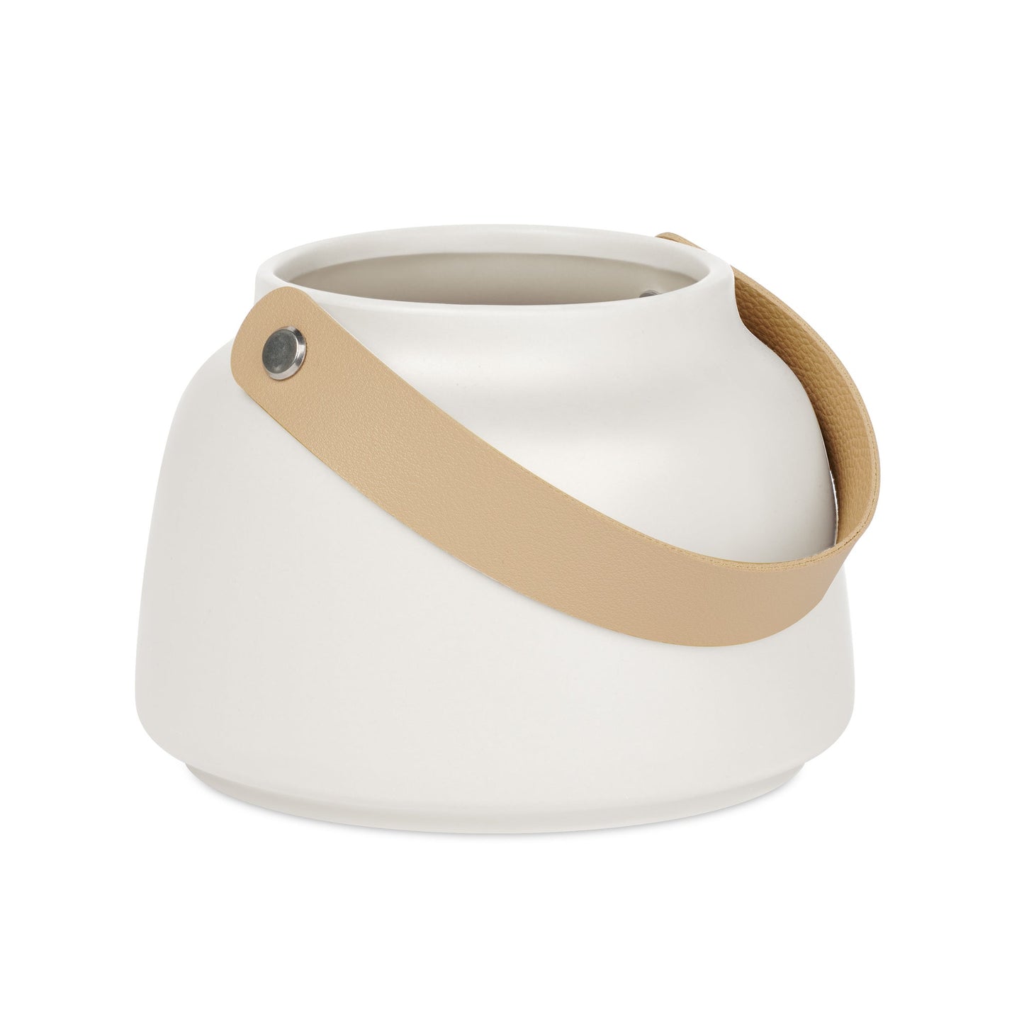 Lido Ceramic Tapered Vase with Faux Leather Handle - 3.5 Inch Tall - Matte White