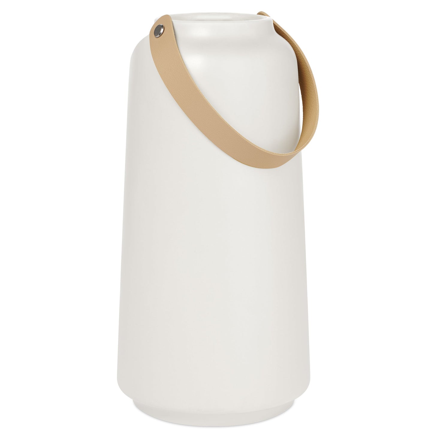 Lido Ceramic Tapered Vase with Faux Leather Handle - 11 Inch Tall - Matte White