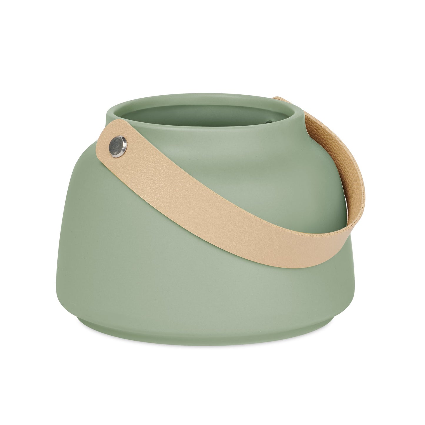 Lido Ceramic Tapered Vase with Faux Leather Handle - 3.5 Inch Tall - Matte Green