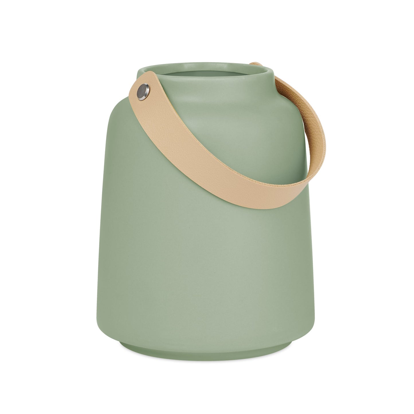 Lido Ceramic Tapered Vase with Faux Leather Handle - 6 Inch Tall - Matte Green