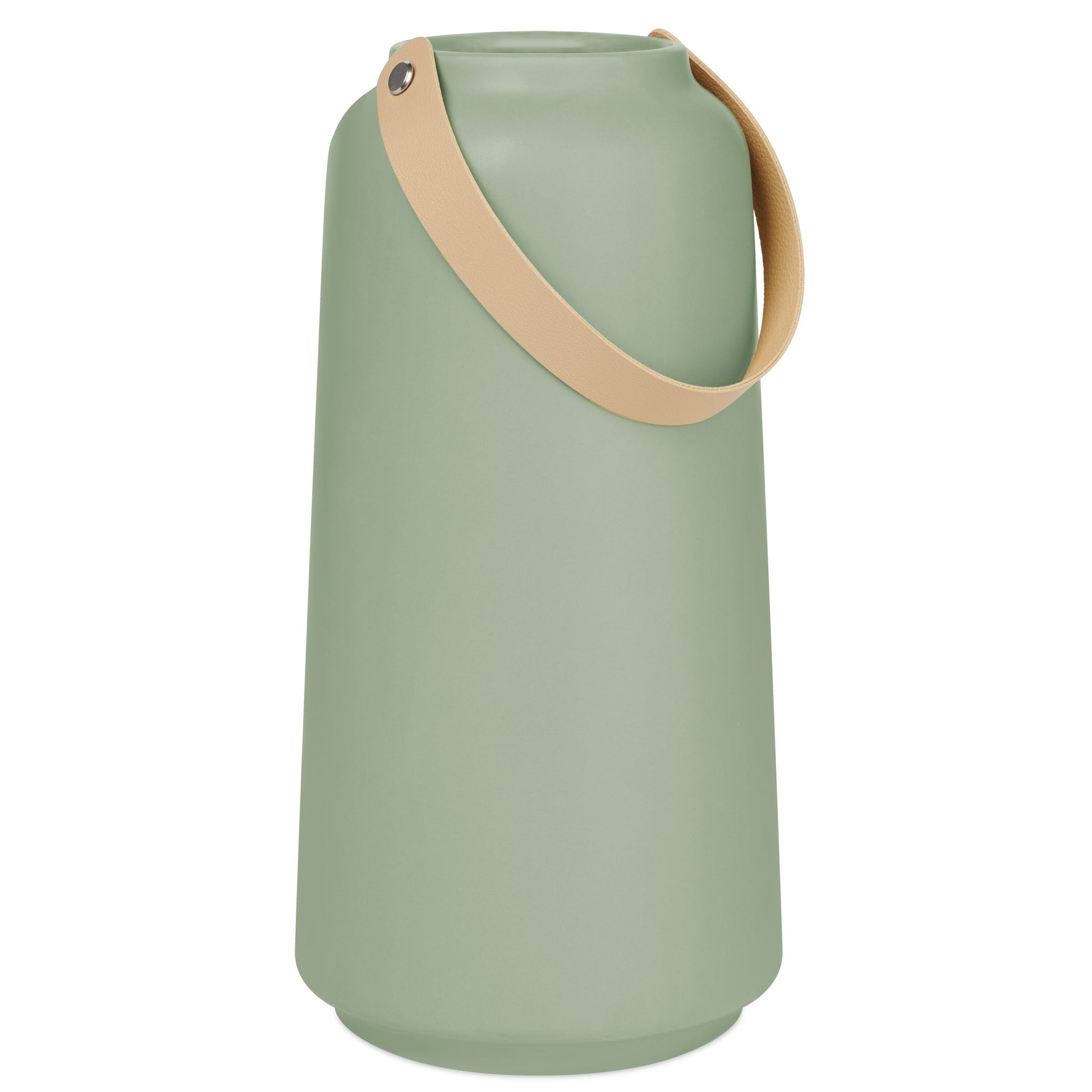Lido Ceramic Tapered Vase with Faux Leather Handle - 11 Inch Tall - Matte Green