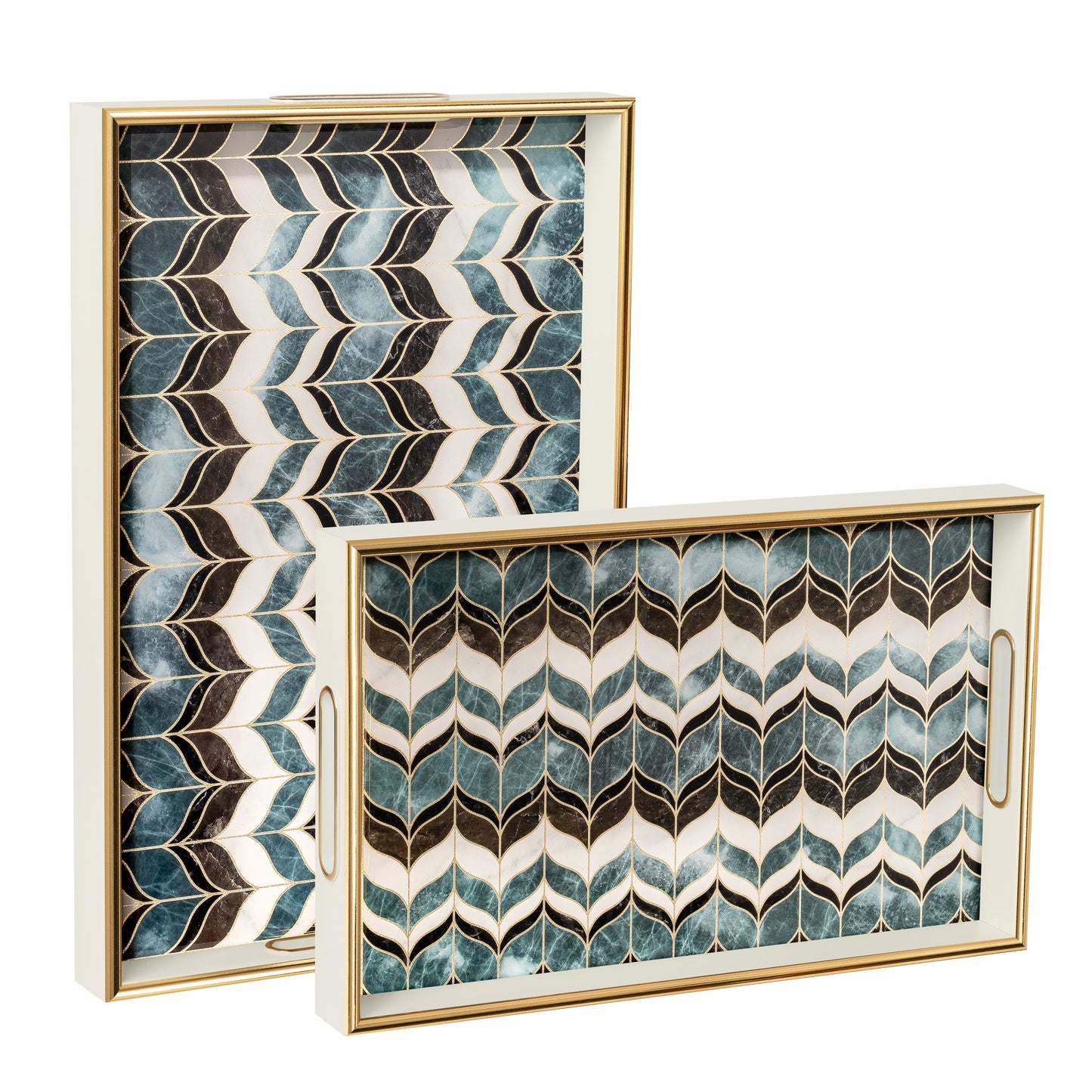 Savoy Gold Trim 2 Piece Rectangle Tray Set - Blue Wave