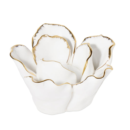 Rose Gold Tipped White Flower Cup 5 Inch Diameter Ceramic Tealight Holder