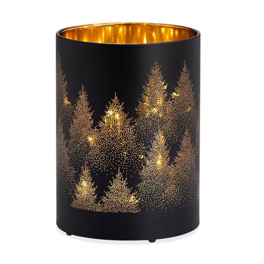 Silhouette Tree Design Glass LED Hurricane Lamp - 3.5x5 Inch - Black