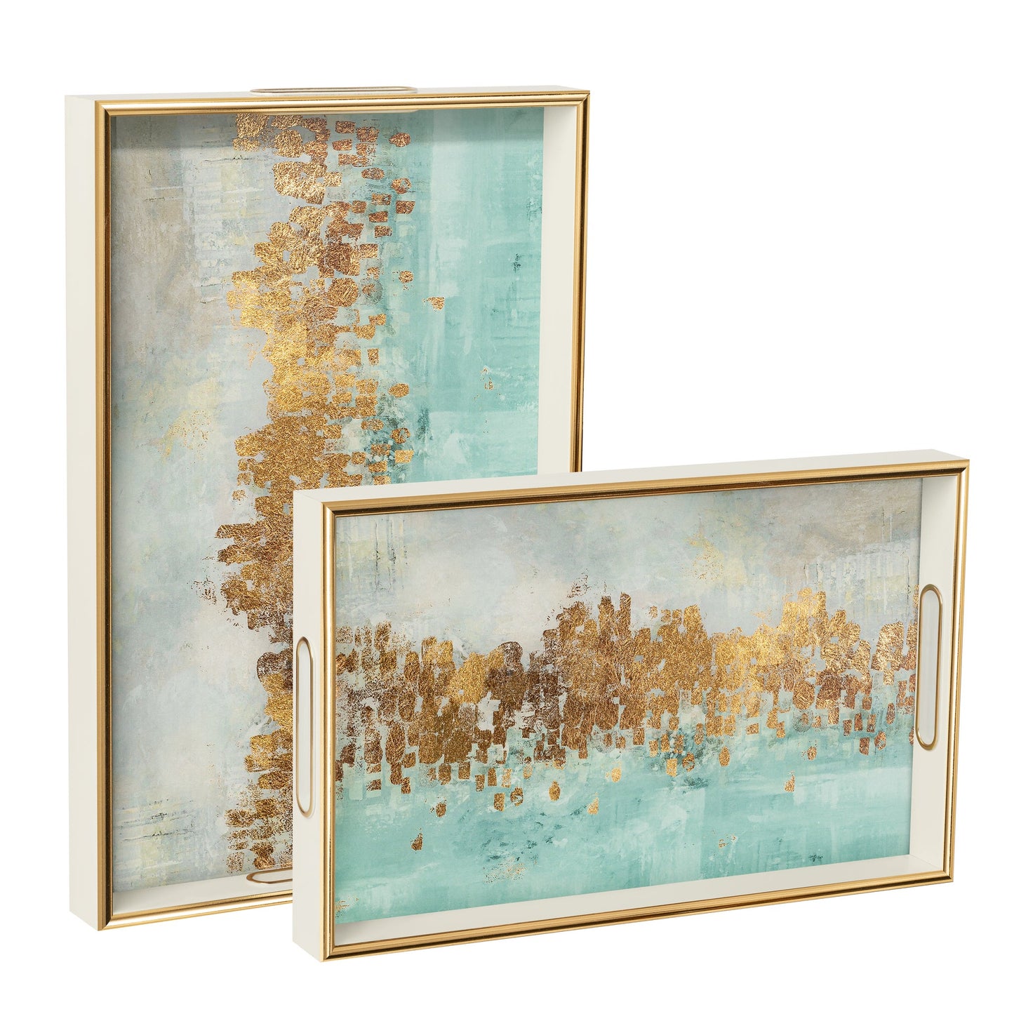 Savoy Gold Trim 2 Piece Rectangle Tray Set - Blue Mirage