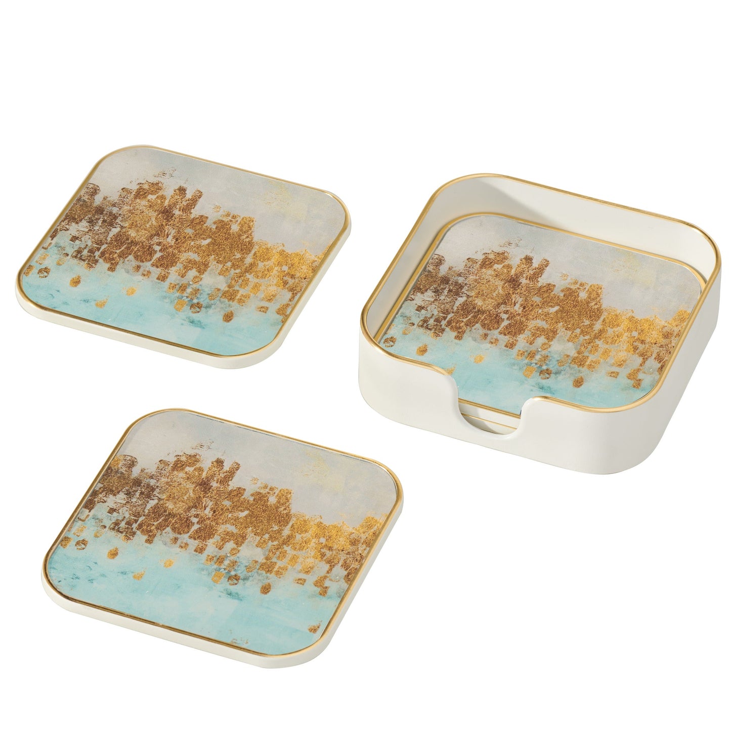 Savoy Gold Trim 4 Piece Square Coaster Set - Blue Mirage