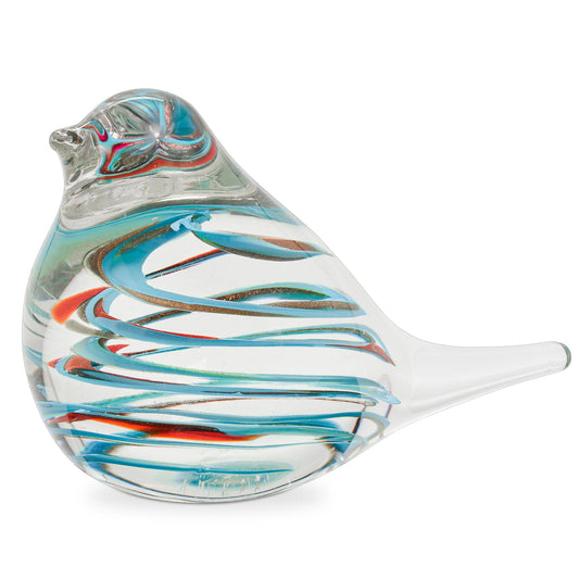 Glass Bird 4 Inch Tall Handcrafted Paperweight Decor – Clear/Blue Swirl