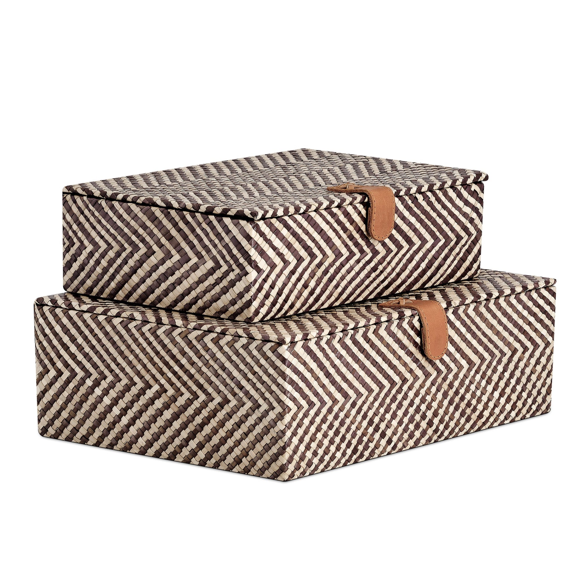 Pandan Chevron Design Two Piece Leather Closure Storage Box Set