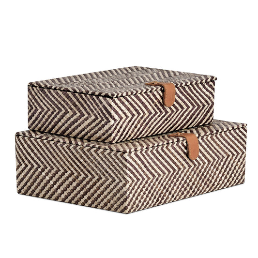 Pandan Chevron Design Two Piece Leather Closure Storage Box Set