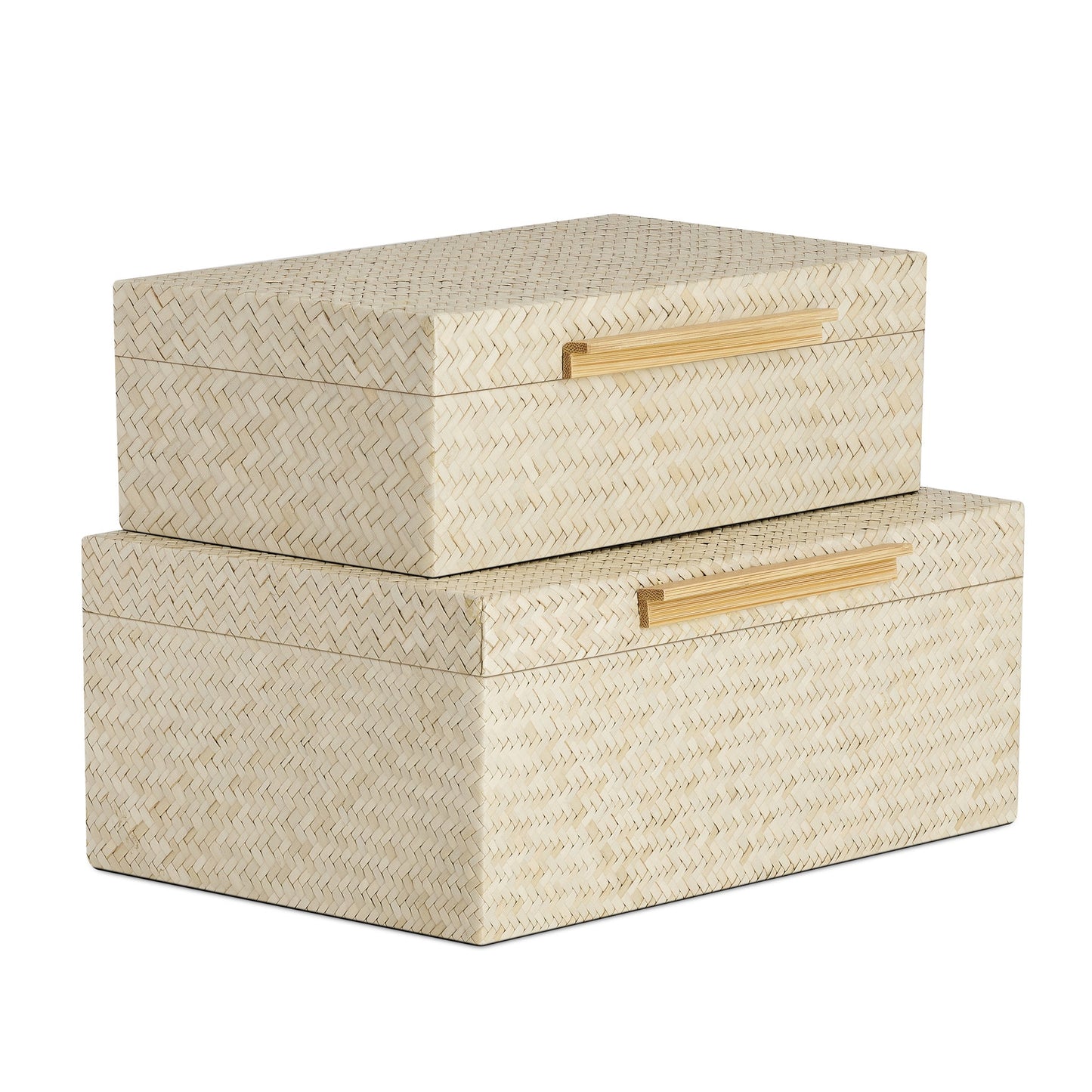 Pandan Natural Herringbone Two Piece Bamboo Handle Rectangle Storage Box Set