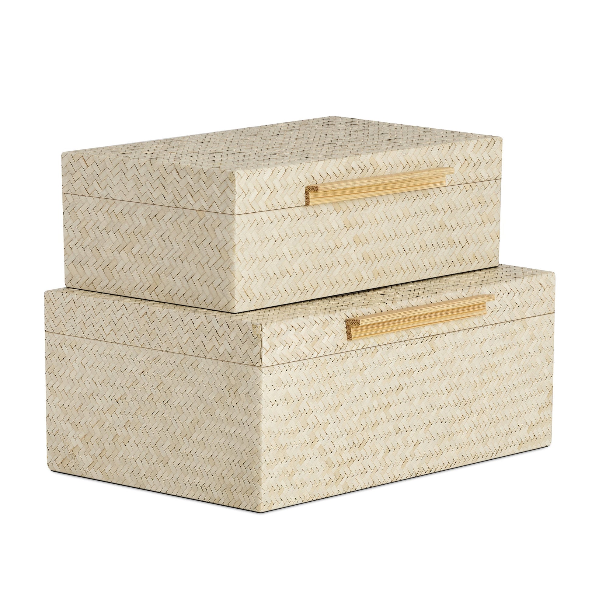 Pandan Natural Herringbone Two Piece Bamboo Handle Rectangle Storage Box Set