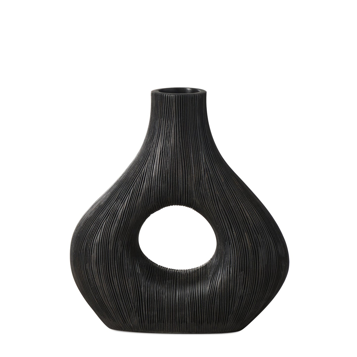 Alma Etched Patina Wide Donut Resin Vase - 9 Inch Tall - Black
