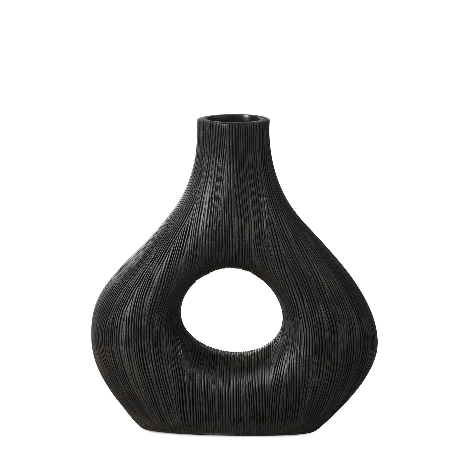 Alma Etched Patina Wide Donut Resin Vase - 9 Inch Tall - Black