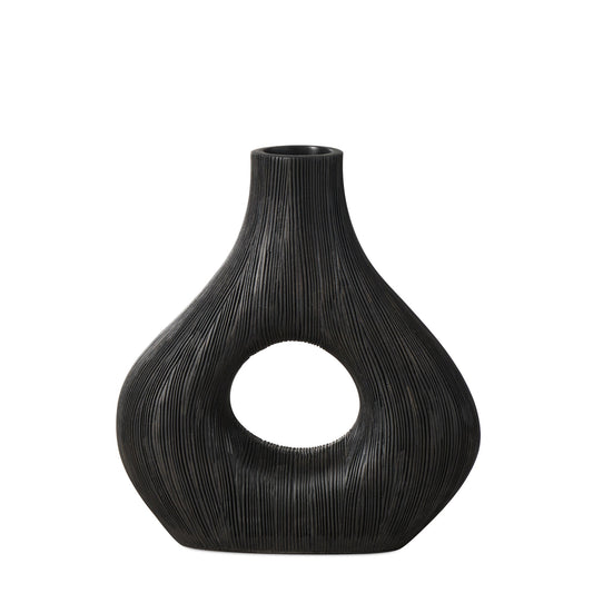 Alma Etched Patina Wide Donut Resin Vase - 9 Inch Tall - Black