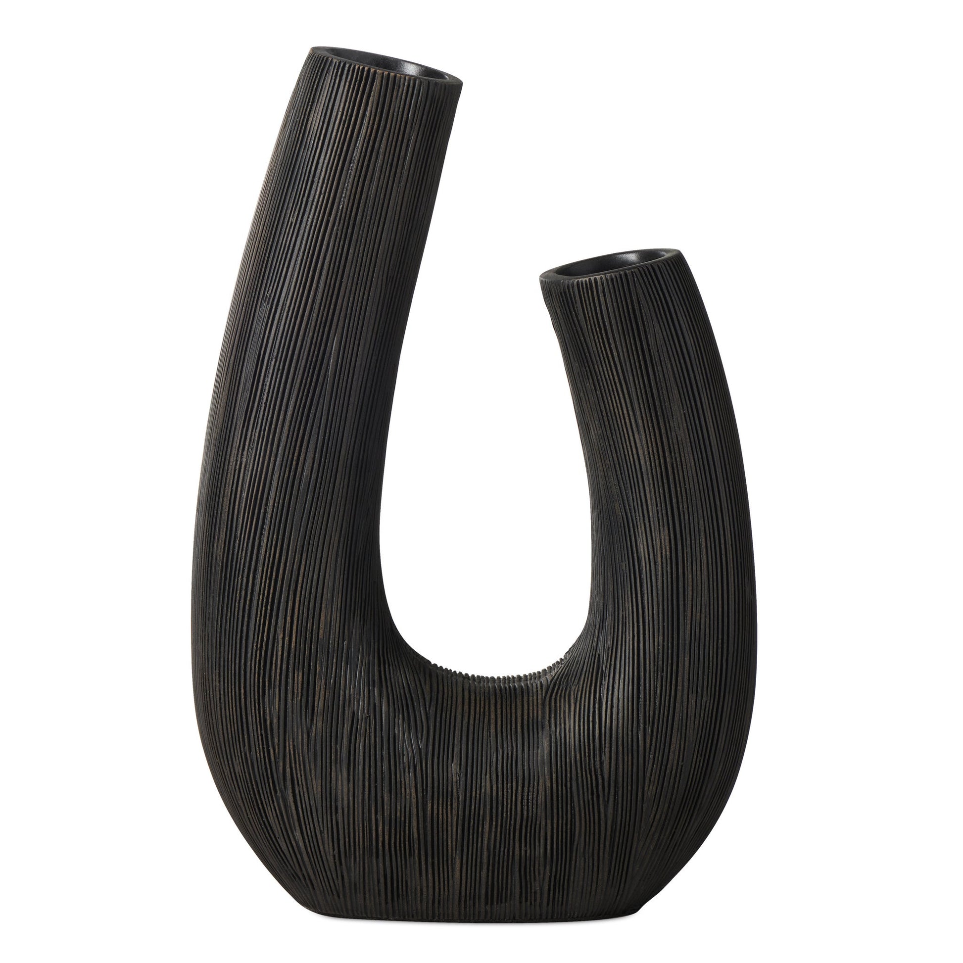 Alma Etched Patina Resin Horn Vase - 12 Inch Tall - Black