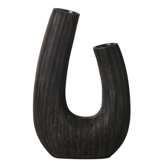 Alma Etched Patina Resin Horn Vase - 12 Inch Tall - Black