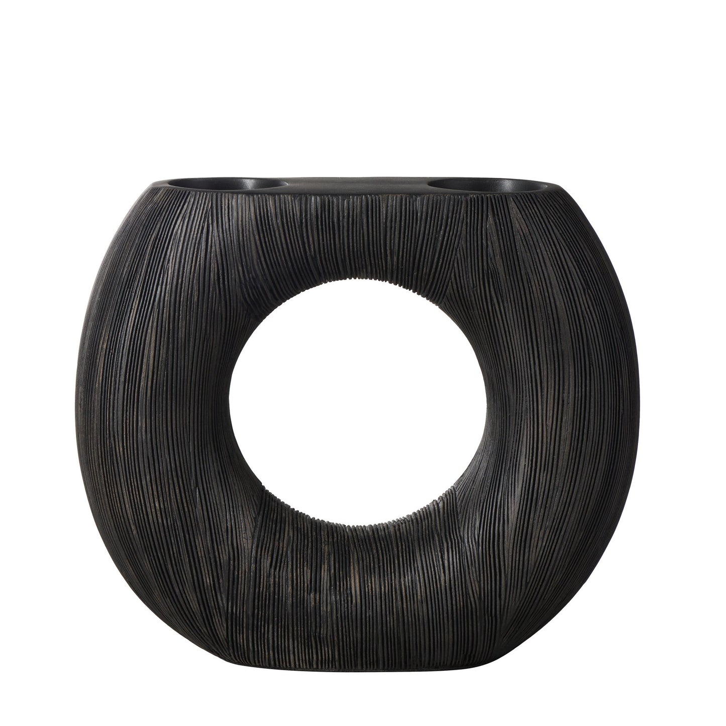 Alma Etched Patina Resin Round Donut Vase - 9 Inch Tall - Black