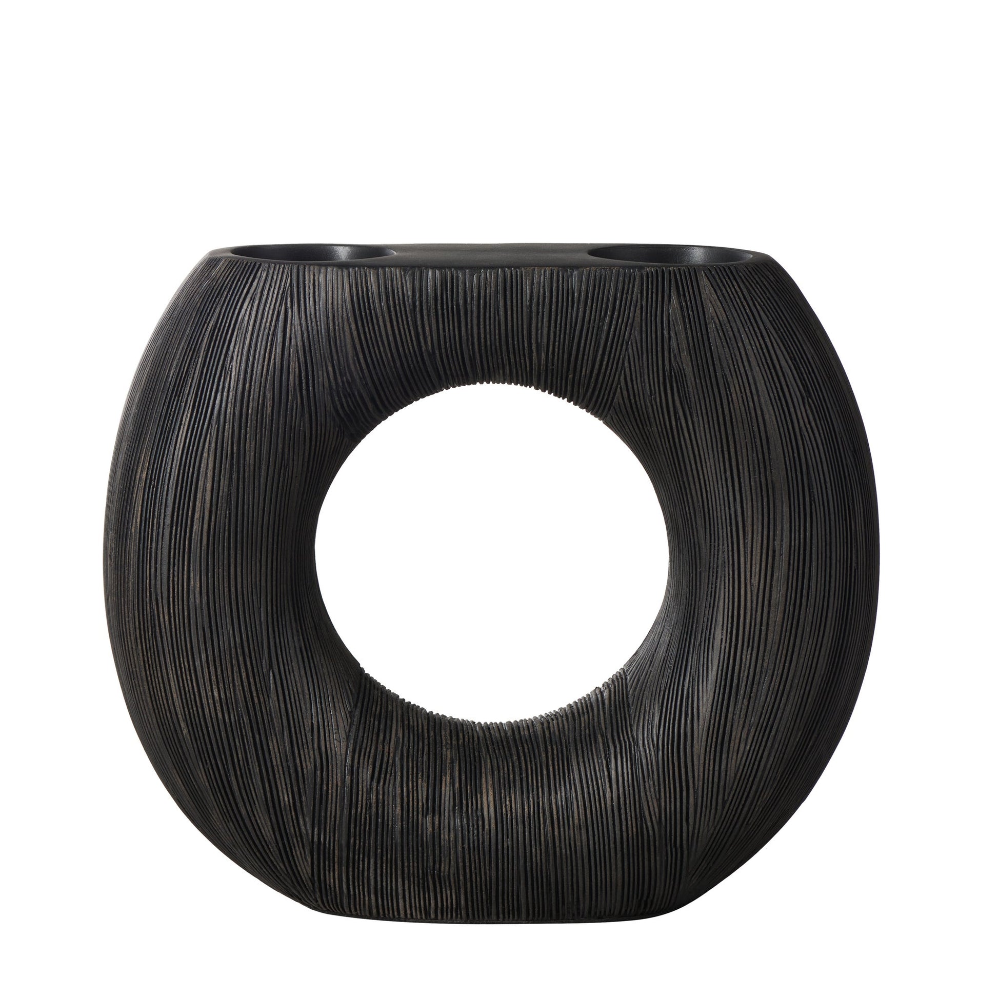 Alma Etched Patina Resin Round Donut Vase - 9 Inch Tall - Black