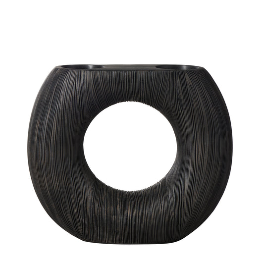 Alma Etched Patina Resin Round Donut Vase - 9 Inch Tall - Black