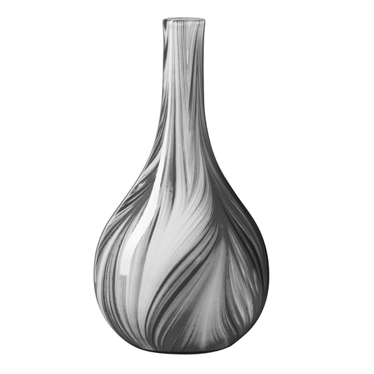 Odessa Feathered Black & White Glass 12.5 Inch Tall Long Neck Bottle Vase