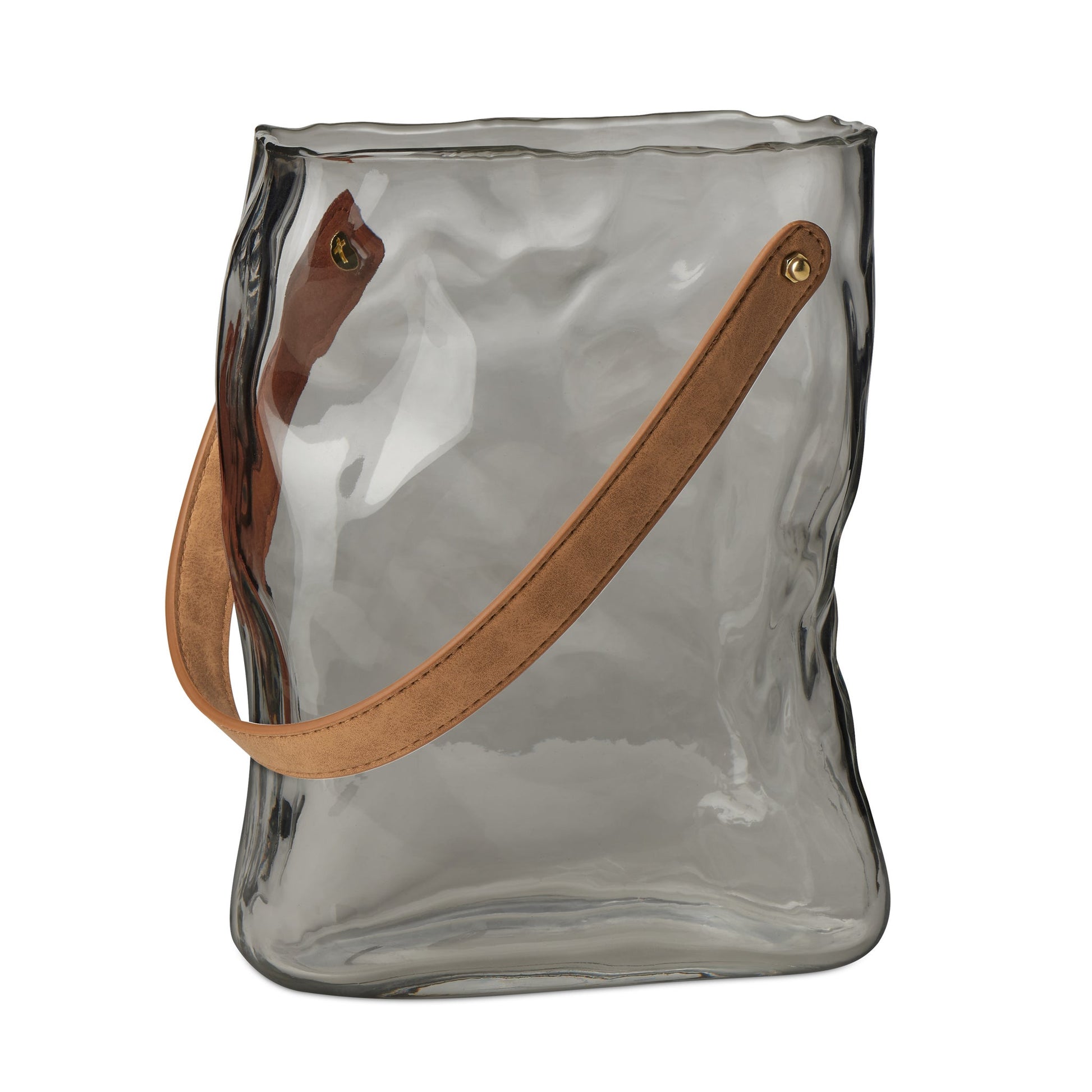 Handbag Smoke Glass 9.5 Inch Tall Vase with Faux Leather Handle