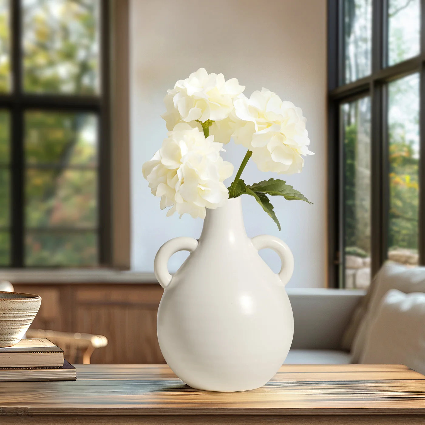 Capri Double Handle 7 Inch Tall Ceramic Teardrop Urn Vase - Matte White