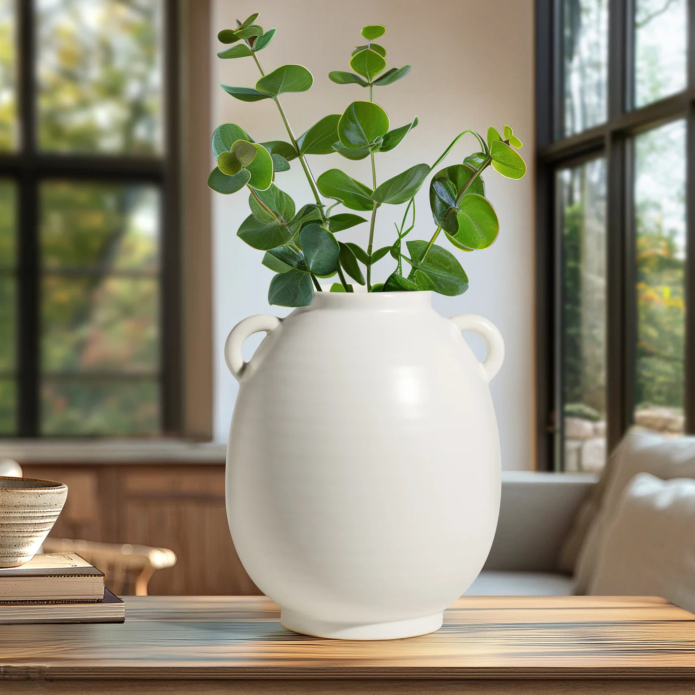 Capri Double Handle 9 Inch Tall Ceramic Oval Urn Vase - Matte White