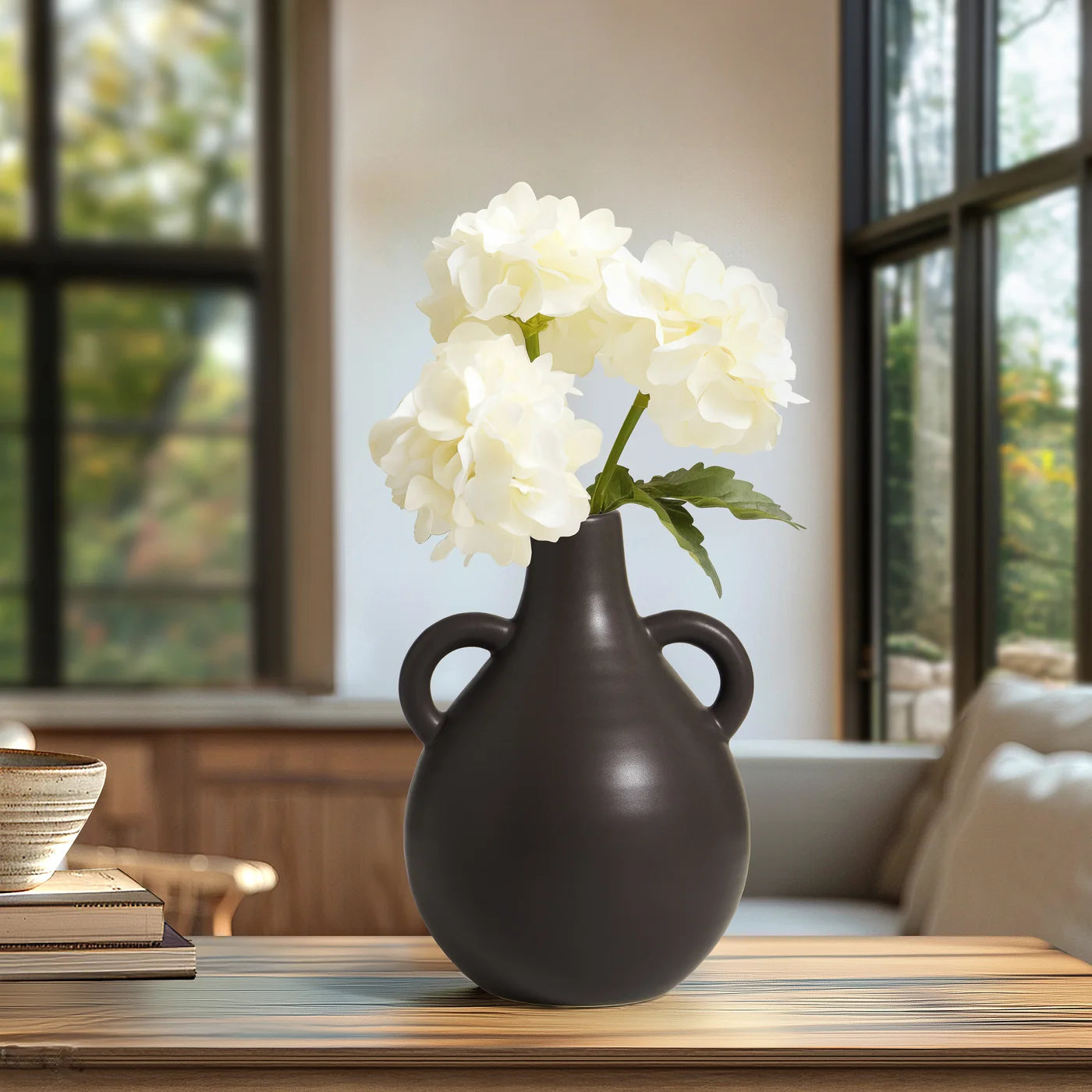 Capri Double Handle 7 Inch Tall Ceramic Teardrop Urn Vase - Matte Brown
