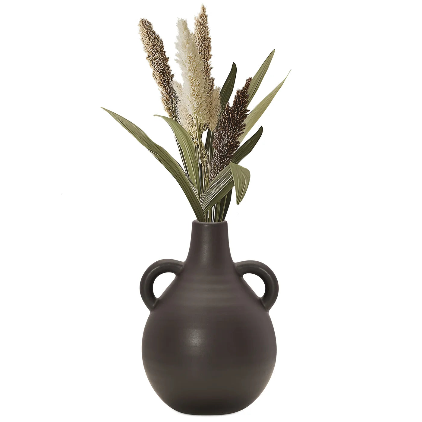 Capri Double Handle 7 Inch Tall Ceramic Teardrop Urn Vase - Matte Brown