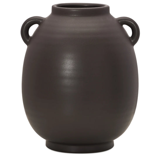 Capri Double Handle 9 Inch Tall Ceramic Oval Urn Vase - Matte Brown