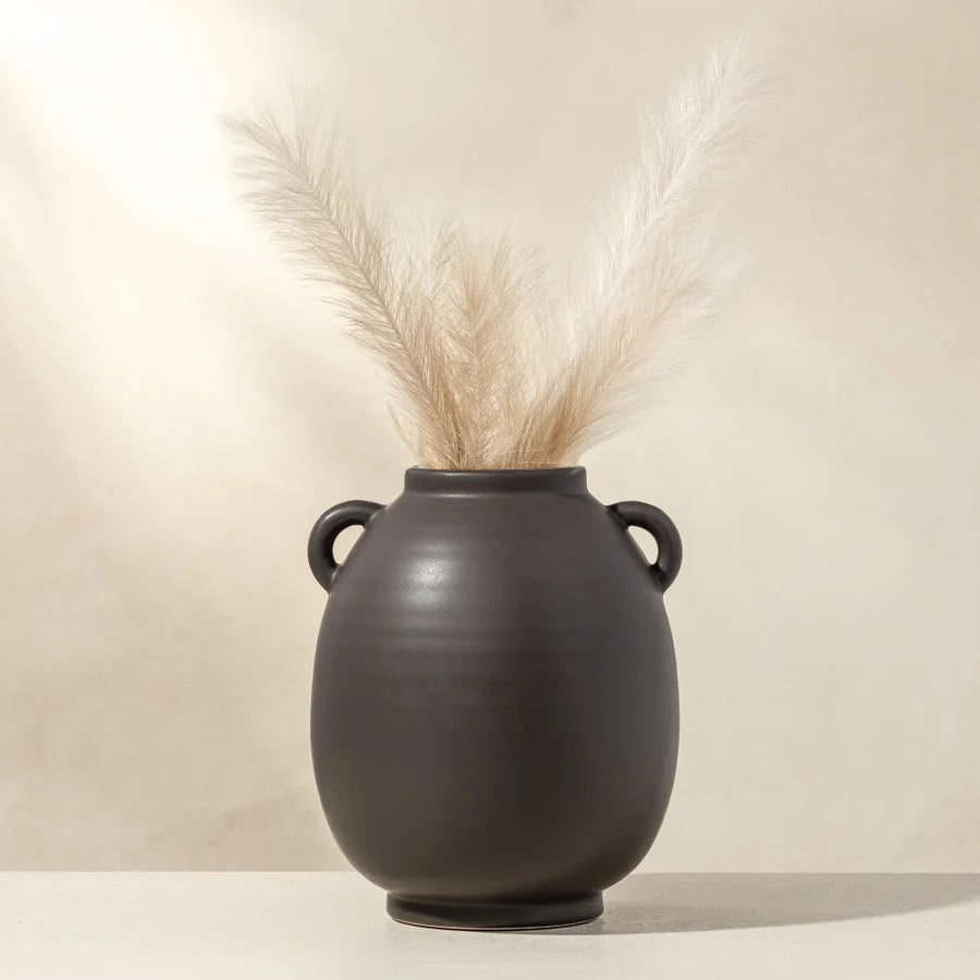 Capri Double Handle 9 Inch Tall Ceramic Oval Urn Vase - Matte Brown