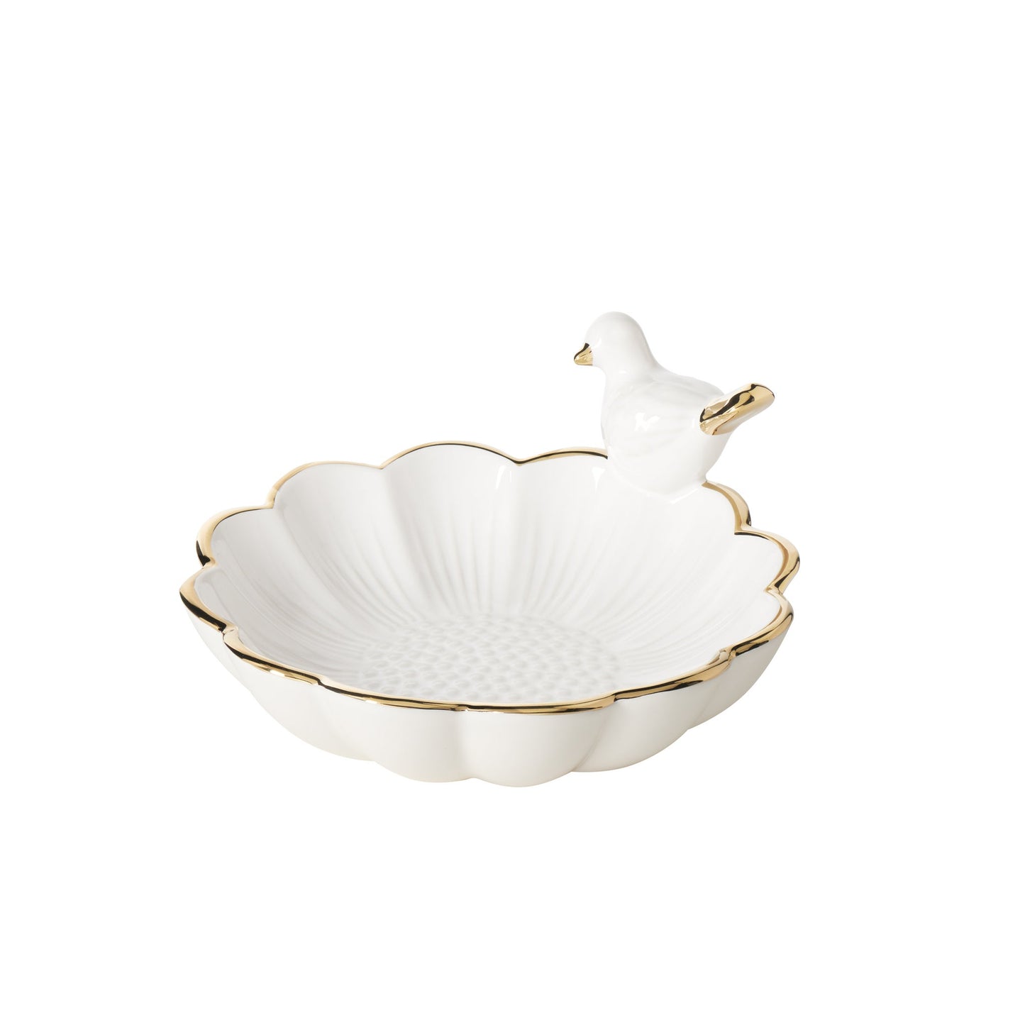 Perched Bird Gold Trim Flower 6 Inch Diameter Ceramic Decor Dish