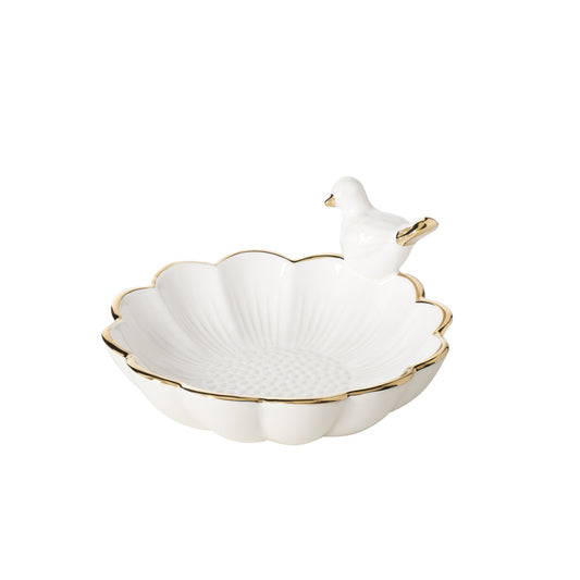 Perched Bird Gold Trim Flower 6 Inch Diameter Ceramic Decor Dish