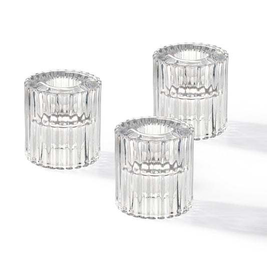 Anya Faceted Glass Three Piece 2 Inch Tall Tealight / Taper Candle Holder Set