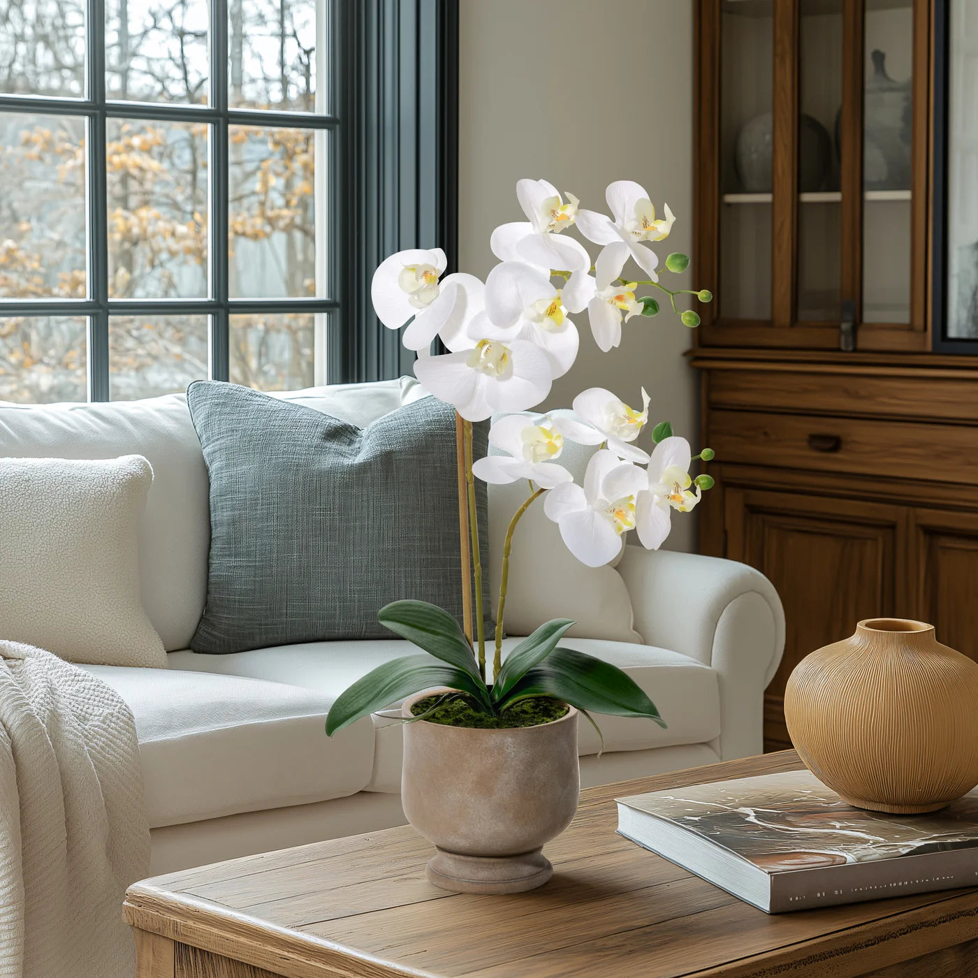 Verona 22 Inch Tall Urn Potted Real Touch Orchid - White